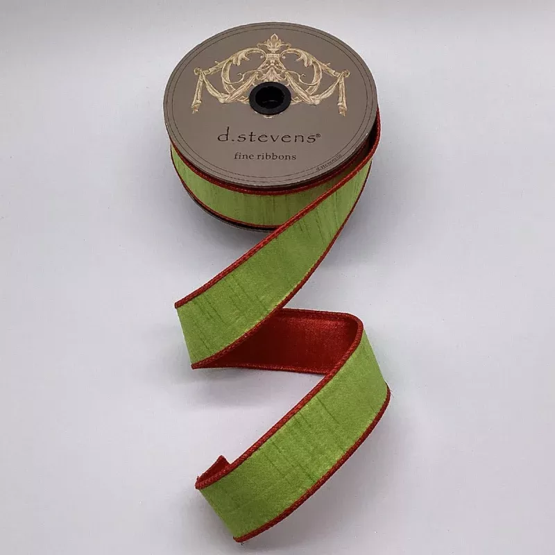 1.5 x 10yds Slub Dupion Metallic Red Back, Lime Green