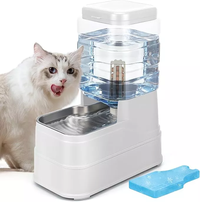 1.6 Gallon Pet Automatic Dog Water Dispenser Cat Gravity Waterer Feeder with Stainless Steel Bowl Large Capacity Puppy Feeding Raised Bowls with Filter,Ice Pack