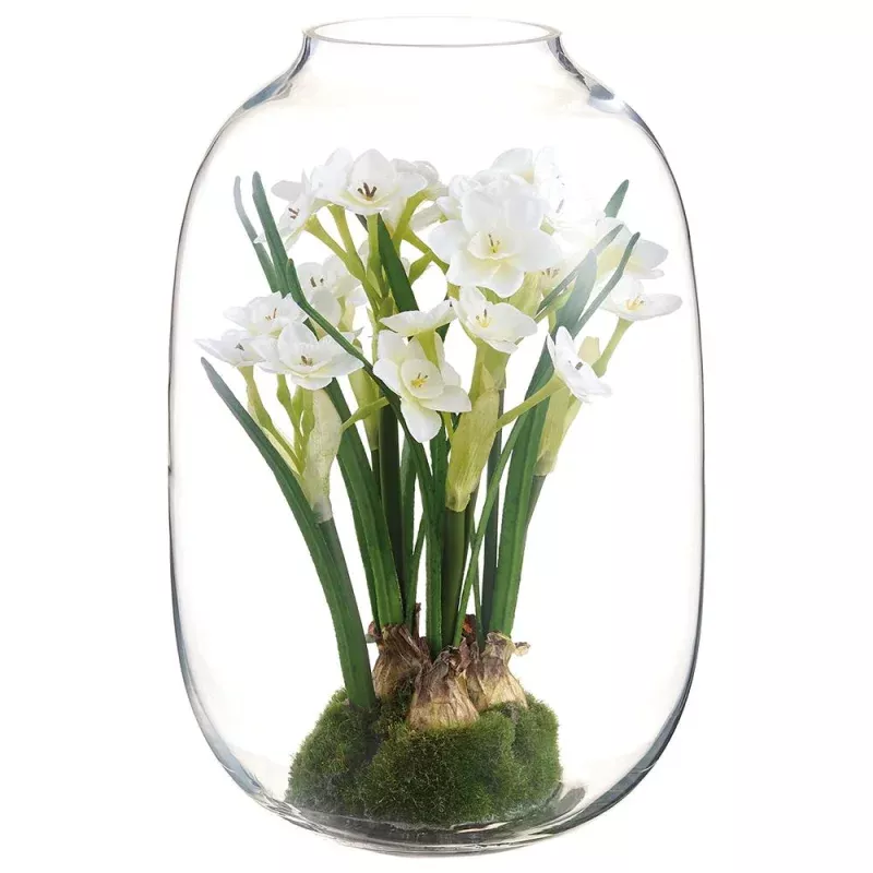 12Inch Daffodil in Glass Vase– White