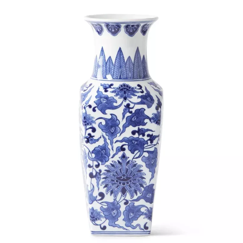 14 Inch Ceramic Blue & White Chinoiserie Square Vase