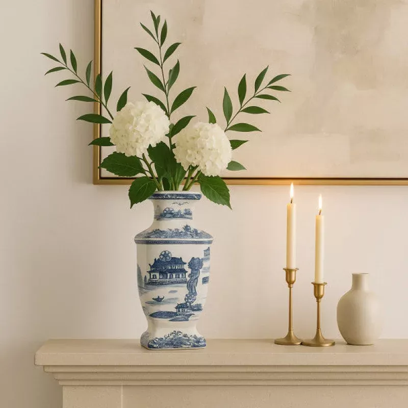 15 in. Blue Ceramic Chinoiserie Temple Decorative Vase