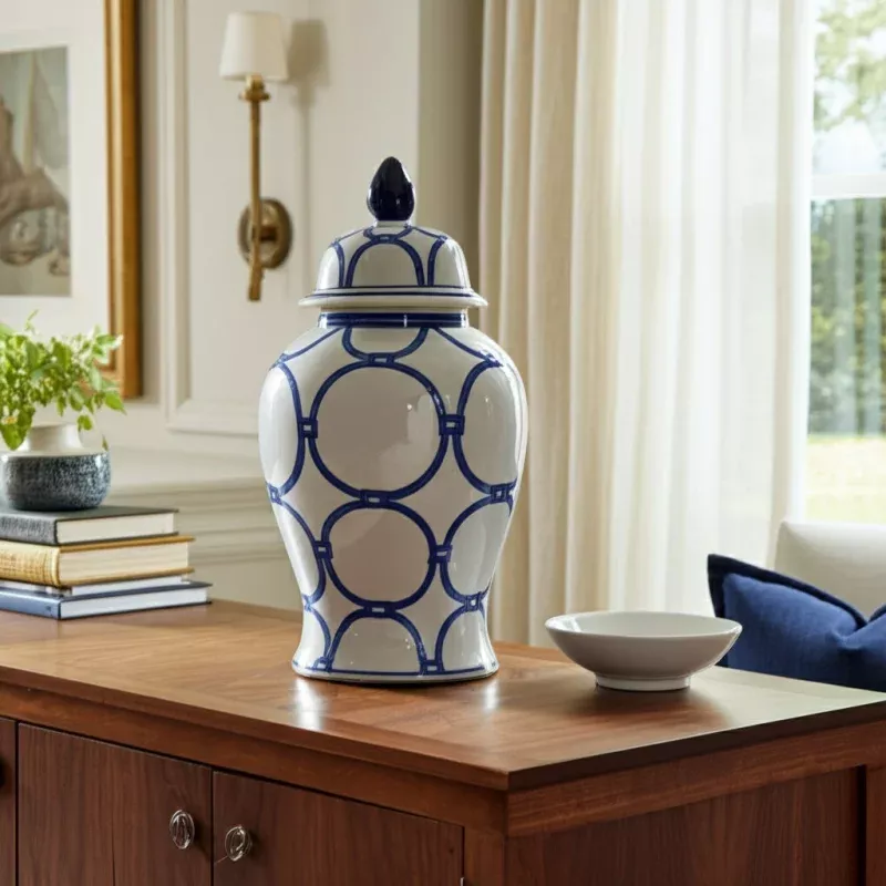 18 in. Ceramic Classic Links Decorative Temple Jar Blue