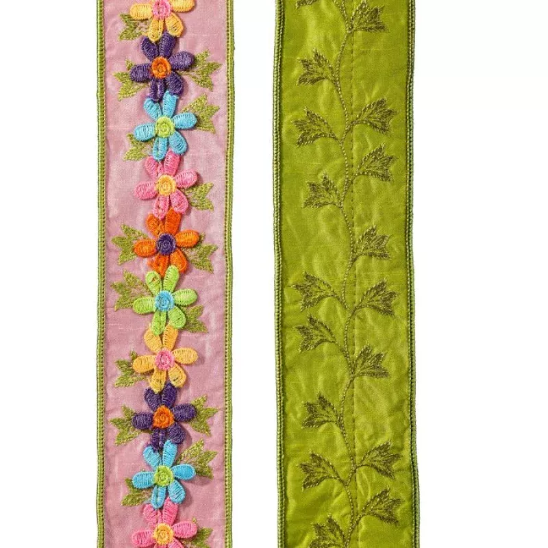 2.5x5y Flower Power Dupion Ribbon – Pink Green