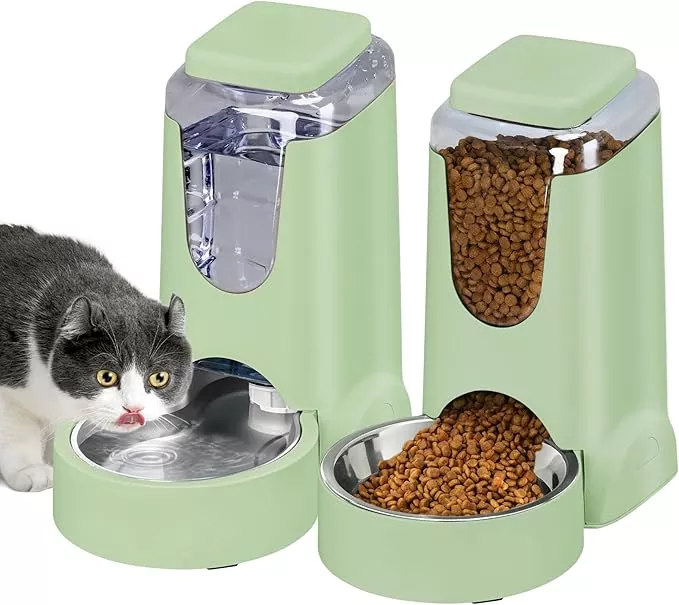 2 Pack Automatic Cat Feeder and Stainless Steel Water Dispenser, Gravity Dog Waterer Set Food Feeder and Waterer Set for Small Medium Kitten Puppy Pets(1 Gallon x 2, Charcoal Gray)