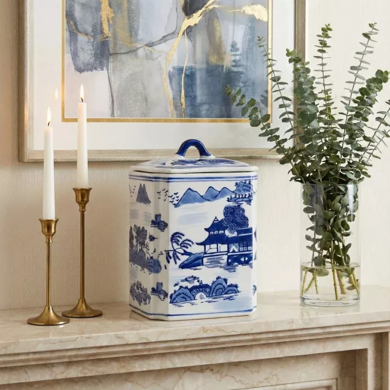 8 in. Blue Ceramic Rectangular Lidded Decorative Jar