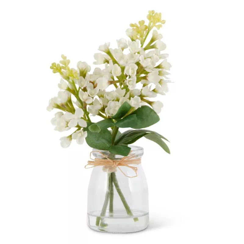 9.25 Inch White Lilac Premade in Glass Vase with Faux Water