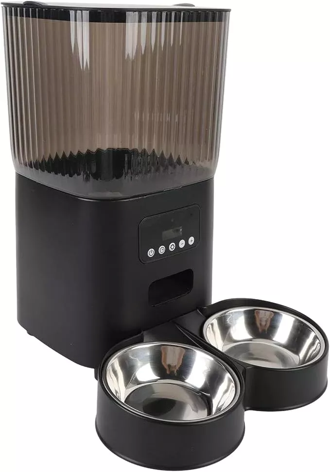Automatic Cat Feeder, Timed Automatic Pet Feeder Cat Food Dispenser, Detachable Washable Pet Feeder with Stainless Bowl for Cat, Dog (Dual Bowls)