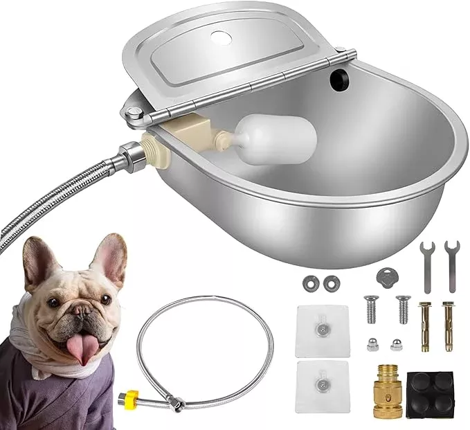 Automatic Pet Water Bowl with Float Valve, 304 Stainless Steel, Includes Bowl, Valve, 40″ Hose, Adapters, Bolts, Wrench, Fits 1/2″ & 3/4″ Faucets, for Dogs/Livestock, Drain Hole