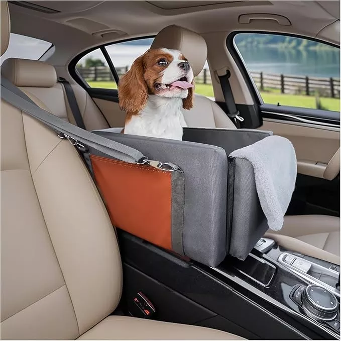 Avont Center Console Dog Car Seat for Small Dogs & Cats, Booster Car Seat with Double Safety Straps, Soft Padded Armrest Travel Carrier with Storage Pockets, Calming Design -Dark Grey