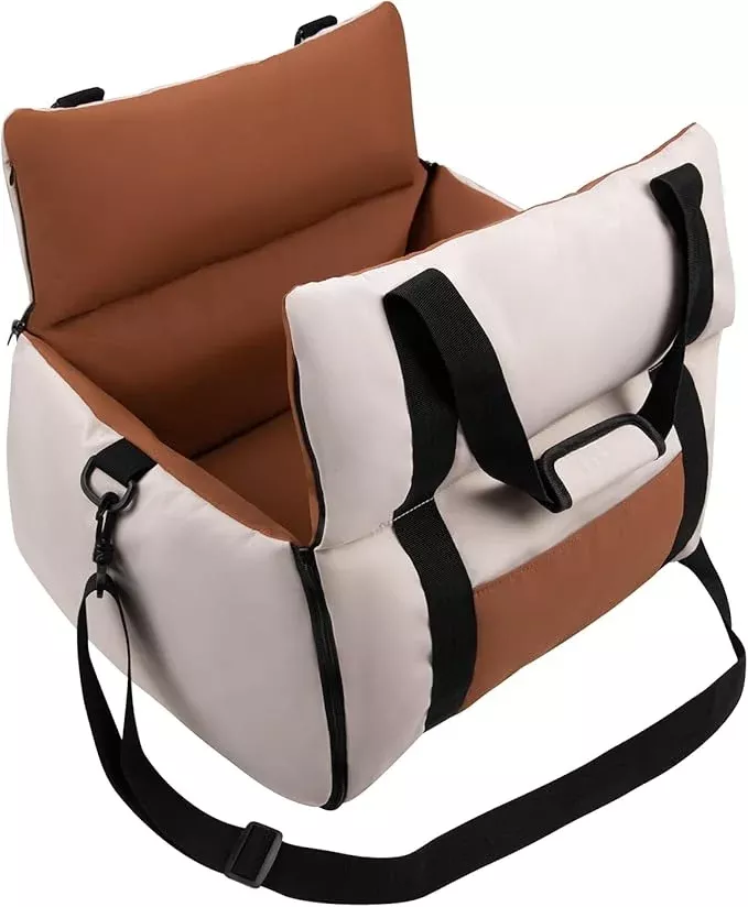 BEBAS Dog Car Seats for Small Dogs up to 25 lbs, Waterproof Dog Booster Carseat with Storage Pockets, Thickened Memory Foam & Clip-On Safety Leash, Pet Back Seat Puppy Travel Carrier, Beige