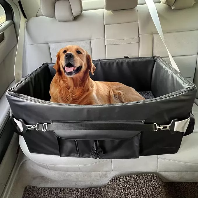 Black Dog Booster Seat for 2 Small Dogs or Medium Dog – Upgraded PU Leather Waterproof Anti-Odour Car Seat with 2 Safety Belts, 2-Sided Cushion & Storage Pockets