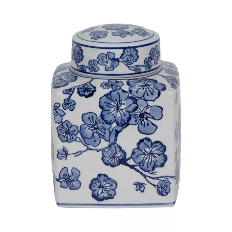 Blue/White 8 in. Square Cherry Blossom Chinoiserie Jar