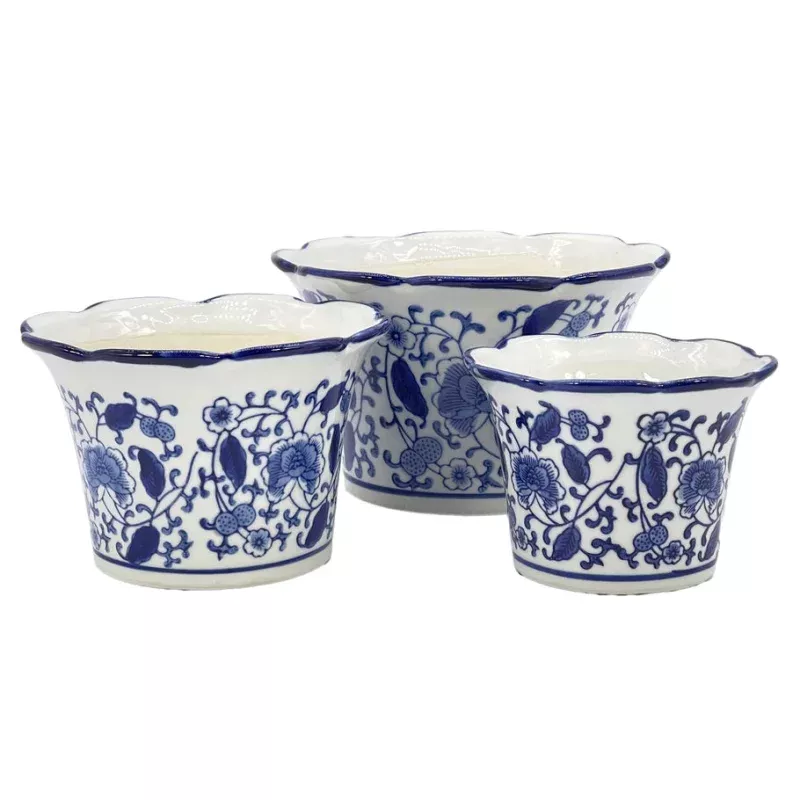 Blue & White Floral Ceramic Pot Ruffled Lip Style2 – Sold Individually
