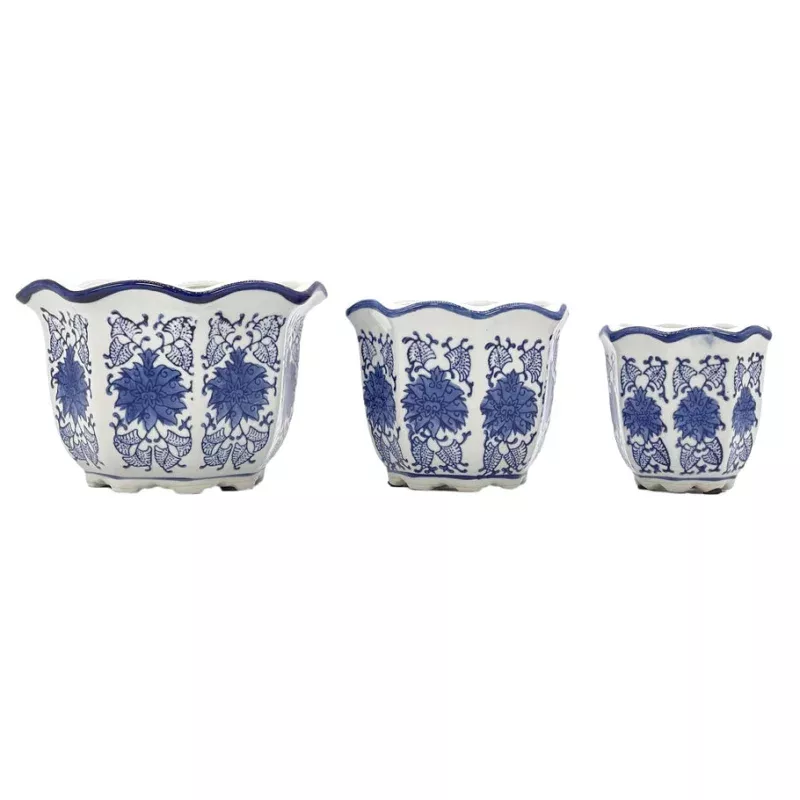 Blue & White Floral Ceramic Pots Ruffled Lip Style3 – Sold Individually