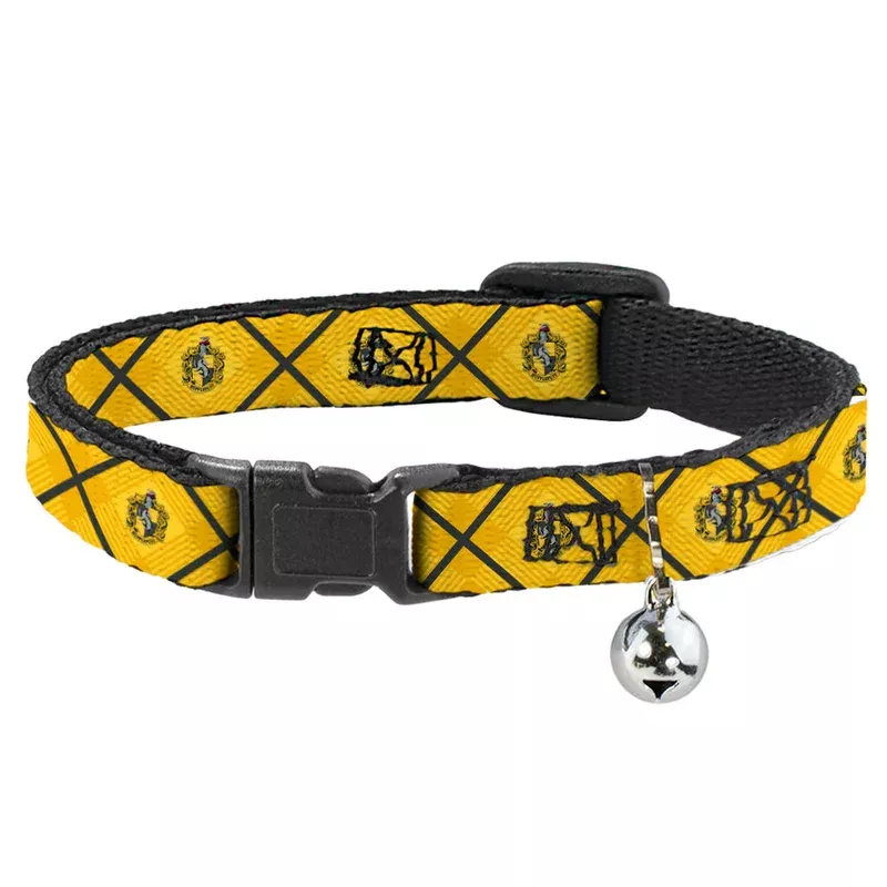 Buckle-Down Cat Collar – Harry Potter HUFFLEPUFF Crest Plaid Yellows/Gray