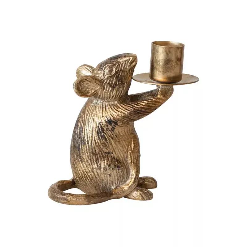 Cast Aluminum Mouse Taper Holder Antique Gold Finish