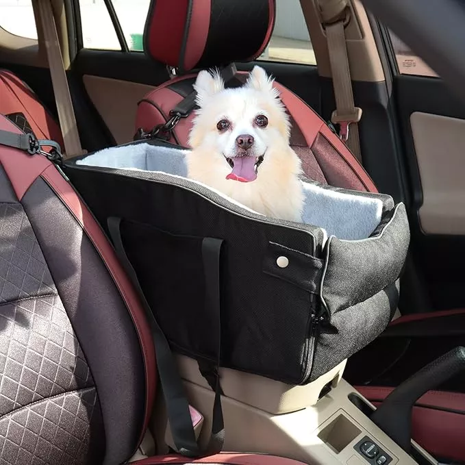 Center Console Dog Car Seat for Small Dogs Up to 12lbs, Portable Middle Console Dog Booster Car Seat with Adjustable Straps & Storage Pocket (Black)