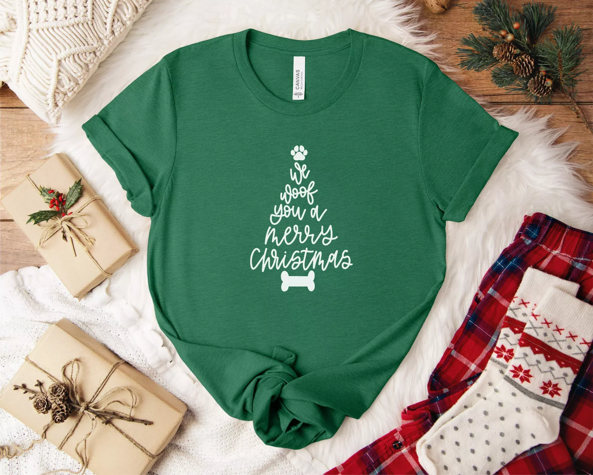 [Clearance 20%] We Woof Merry Christmas Crewneck T-shirt, Heather Grass Green