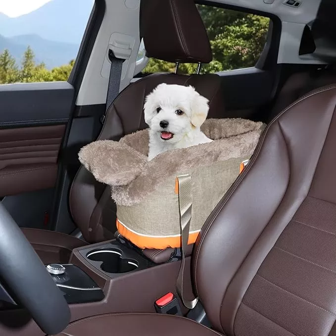 Console Dog Car Seat – Portable Booster for Small Pets, Detachable Washable Front Seat, for Cats and Dogs, Khaki
