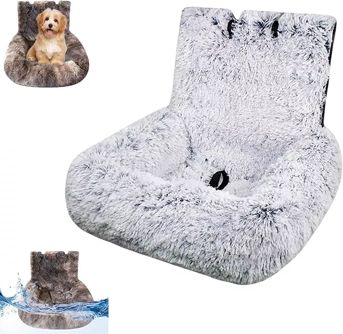 Dog Car Seat Bed, Fluffy Pet Travel Seat, Removable Washable Cushion, Non-Slip Bottom, Protects Car from Dirt/Scratches, Suitable for Small, Medium Dogs/Cats & All Vehicles (Grey)