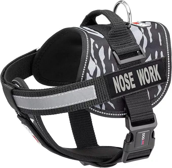 Dogline Unimax Dog Harness Vest with Nose Work Patches Reflective No-Pull, Adjustable Straps, Breathable Neoprene for Medical, Service, Identification and Training Dogs Girth 18 to 25" Giraffe Gray