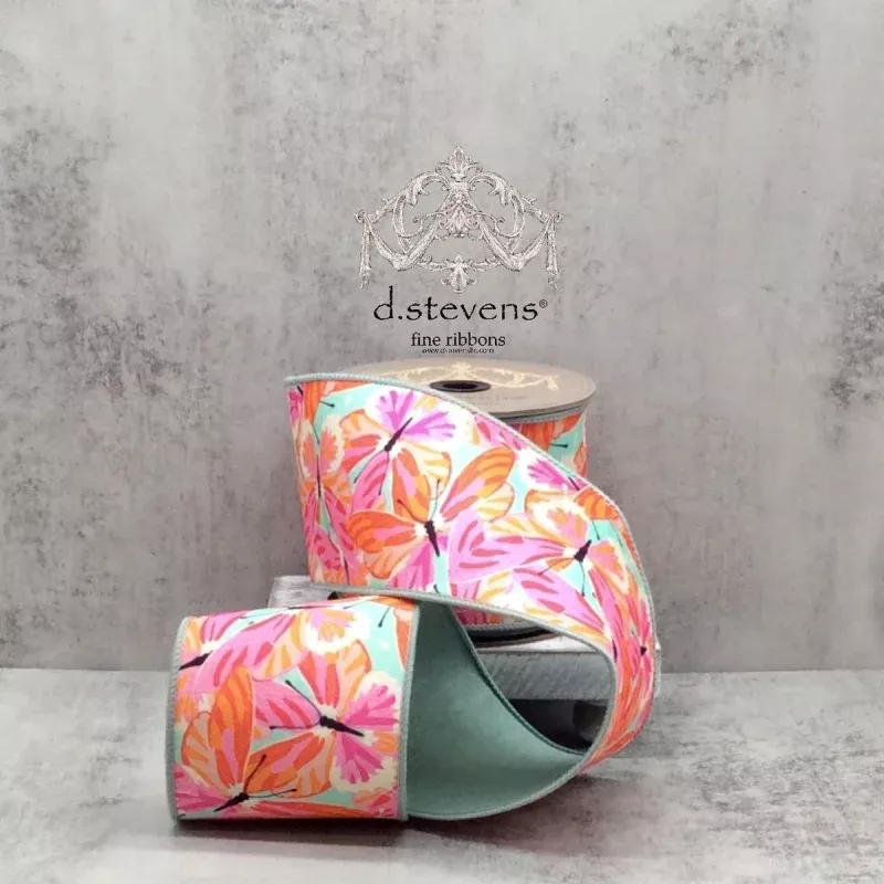 Dupion Colorful Orange Hot Pink Butterflies, Celadon Ribbon