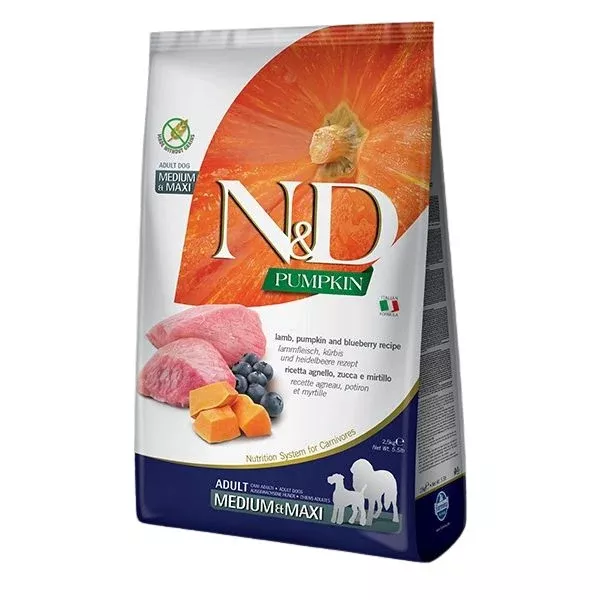 Farmina N&D Pumpkin Grain Free Medium/Maxi Dry Dog Food – Lamb & Blueberry – 5.5lb