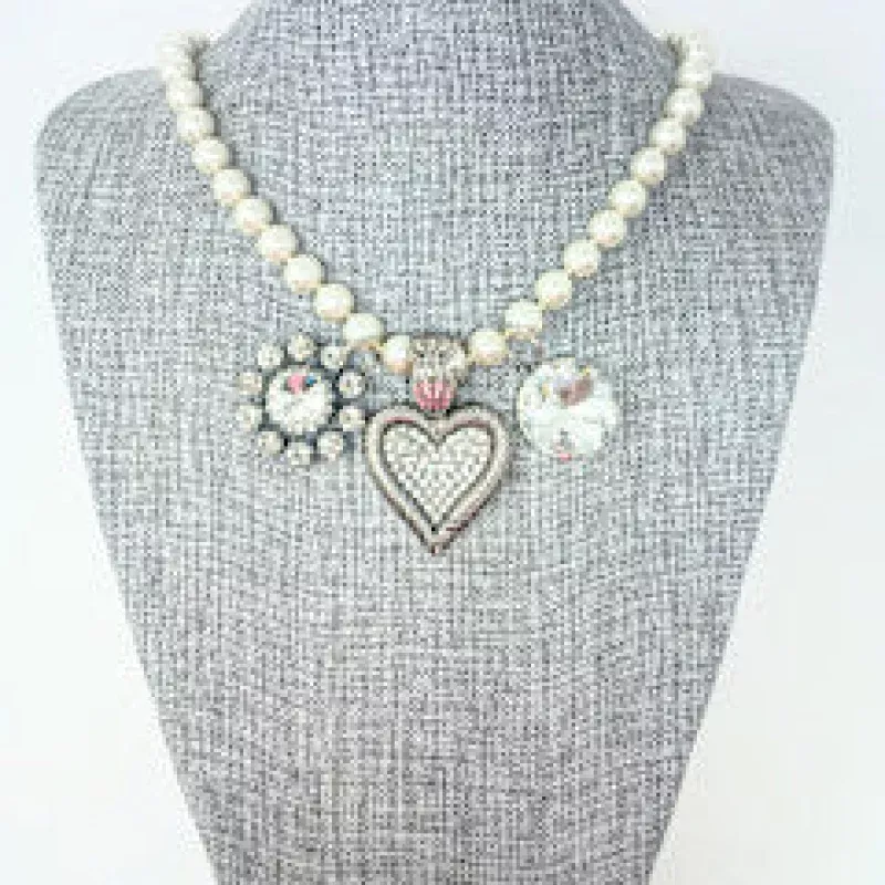 Fashion Pearl Necklace with 3 Charms with Intricate Bail