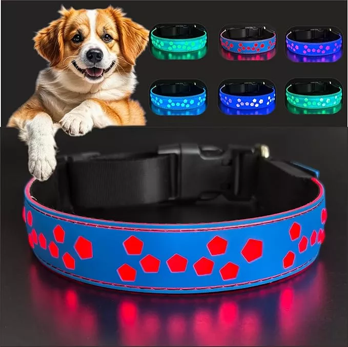 Flashing USB-C led Light up Dog Collar, Subversive 3D Design Comfortable and Soft Material,Multicolored Lighting (STR-Blue, S(11.8-15.7″))
