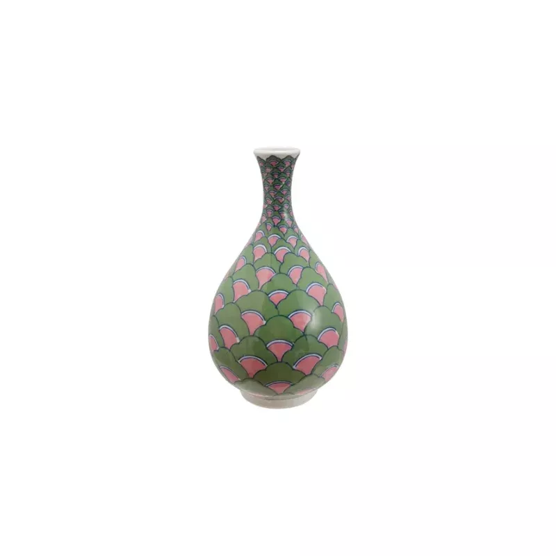 Hand-Painted Stoneware Vase with Pattern, Green, Pink & Blue