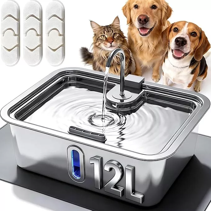 Large Capacity Automatic Water Dispenser for Dogs and Cats, Includes Pet Feeding Mat & 3 Filters, 12L Stainless Steel Dog Water Fountain with Visible Window and Alert Light
