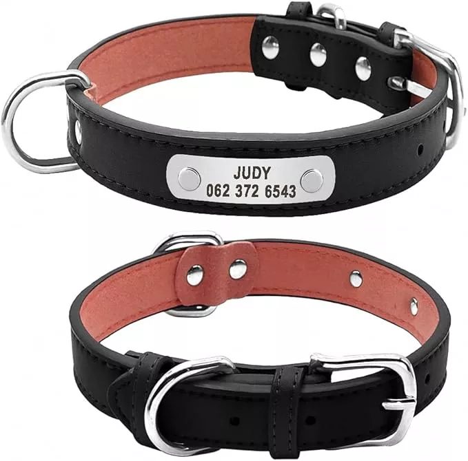 Large Durable Personalized Dog Collar PU Leather Padded Pet ID Collars Customized for Small Medium Large Dogs Cat 4 Size Black XL