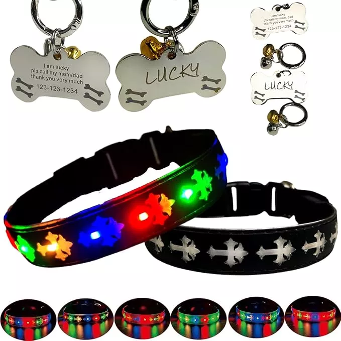 LED Dog Collar with ID Tag Set, Glowing Cross Pattern, Multiple Colors, Silicone Material (Green, L(15.7-19.7″))
