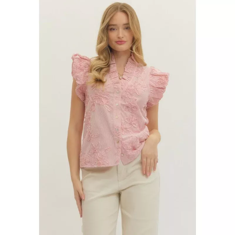 Leslie Striped Floral Applique Flutter Sleeve Top