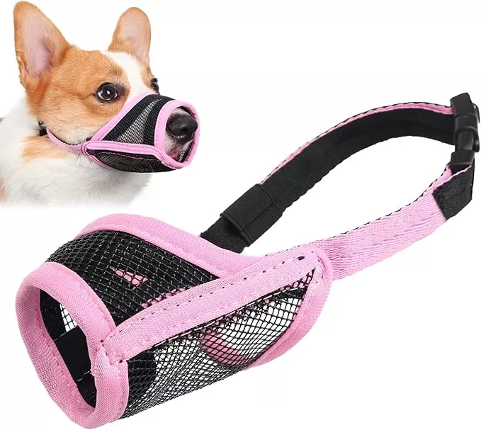 LUCKYPAW Dog Muzzle, Mesh Muzzle for Small Medium Dogs, Soft Mouth Cover to Prevent Biting Chewing, Drinkable Breathable Adjustable Puppy Mouth Guard(Blue, M)
