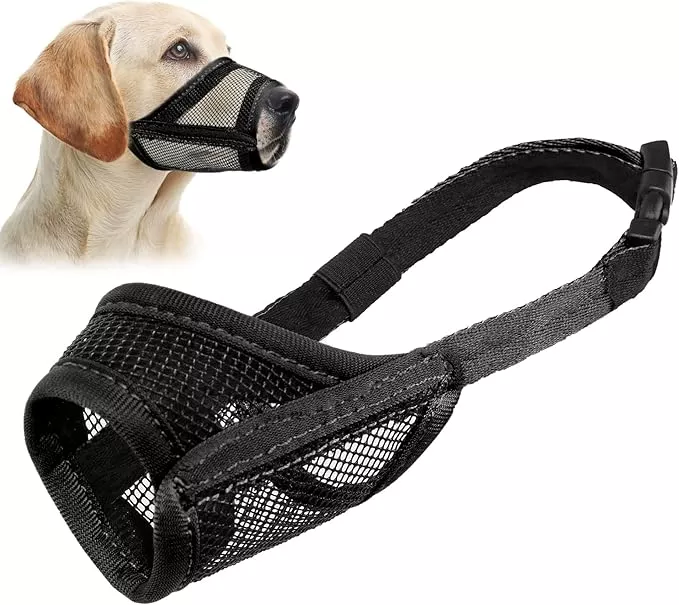 LUCKYPAW Dog Muzzle, Mesh Muzzle for Small Medium Large Dogs, Soft Dog Mouth Cover to Prevent Biting Chewing, Drinkable Breathable Adjustable Puppy Mouth Gaurd(M(Snout: 5¼”-7″), Black)