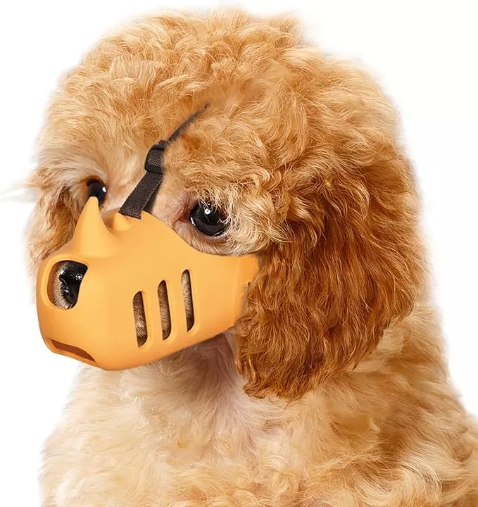 LUCKYPAW Dog Muzzle Soft Muzzle for Small Medium Dog Poodle Dachshund Breathable Silicone Cage Muzzle for Biting Chewing Funny Rhino Muzzle with Adjustable Strap (Yellow, L-(Snout Cir:8.25-9in)