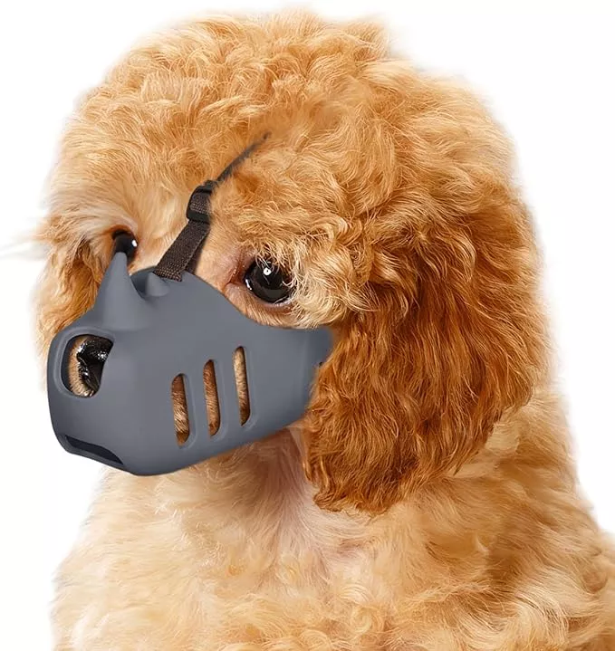 LUCKYPAW Dog Muzzle Soft Muzzle for Small Medium Dog Poodle Dachshund Silicone Cage Mouth Cover for Biting Chewing Funny Rhino Mouth Guard with Adjustable Strap