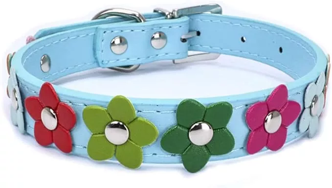 Mini Colorful Flower Puppy Dog Collar Girl Cat Collars Light Blue L