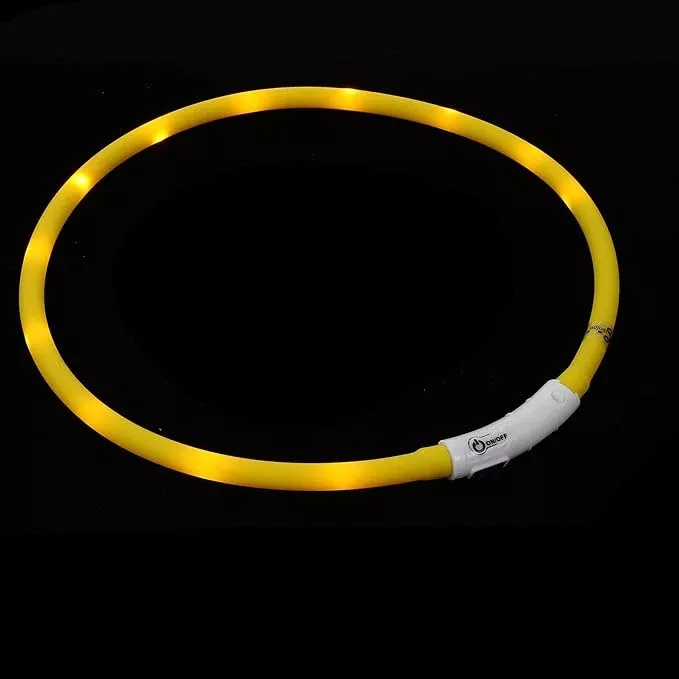 NUOBESTY LED Rechargeable Silicone Dog Collar, Adjustable Yellow Oval Pet Neck Belt L Size, Glow Safety Collar for Outdoor Evening Walks and Camping