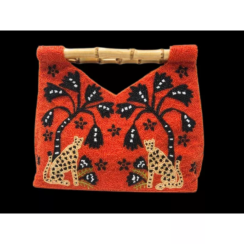Orange Beaded Clutch with Leopards