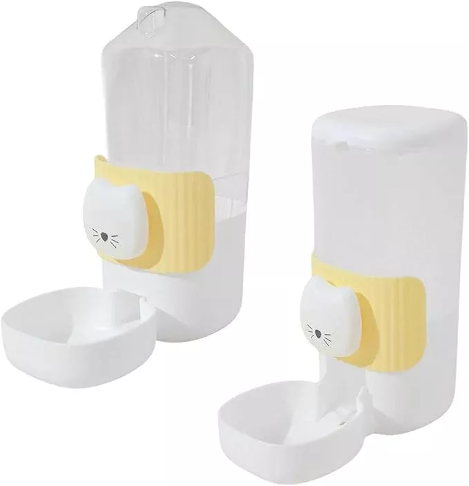 PANGBOER Pack Of 2 Cage Hanging Automatic Dog Feeder with Space Saving PP Cats Face Designs Easy Feeder For Small Home Use