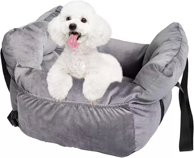 Pet Car Booster Seat for Small Dogs up to 25 lbs with Safety Straps, Storage Pockets, Travel Carrier Bed with Detachable Cover, Machine Washable (Gray)