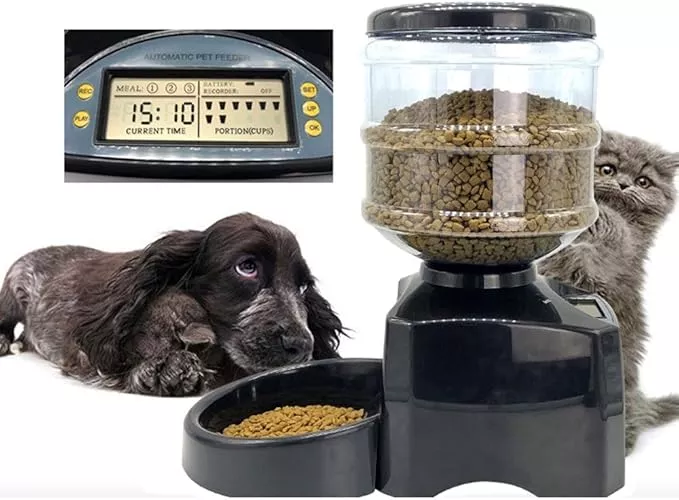 Pet Dog Cat Automatic Feeder Feeding Machine Bowl Three Meals Timing Quantitative Small Medium Dogs Battery Microcomputer 5.5L Black Portable