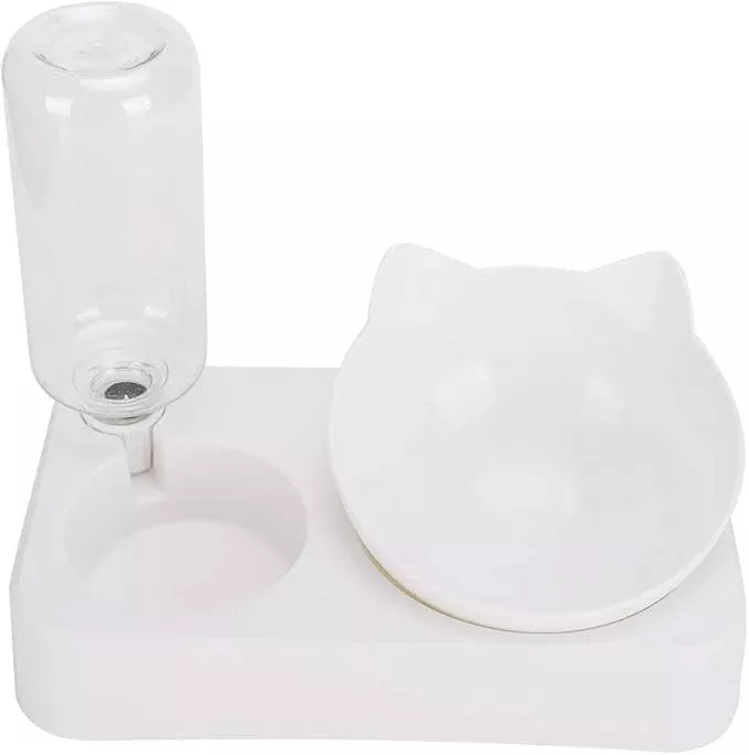 Pet Feeder with Automatic Water Dispenser Bottle, 15° Adjusting Tilted Neck Protection Cat Dog Feeding Bowl, Pets Water and Food Bowl Set for Cats Dogs