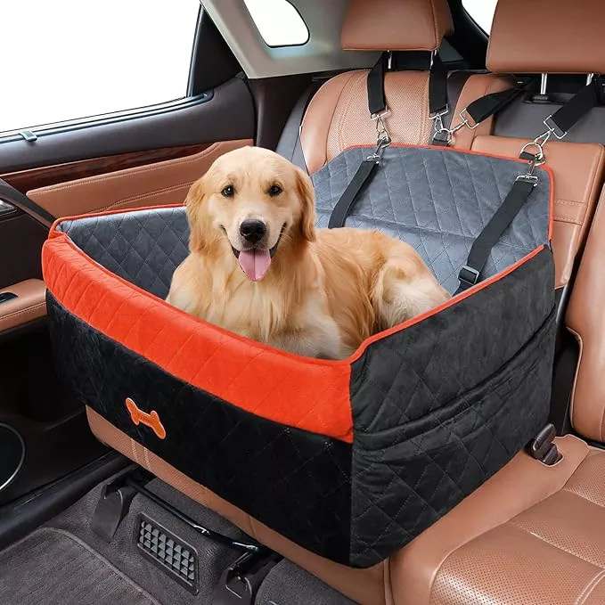 PetsHome Dog Car Seat for Medium Large Dogs, Detachable Washable Dog Booster Seat with Memory Foam Cushion, Side Pockets, 2 Clip-On Safety Leashes Pet Car Seat for Dogs Up to 60 lbs-Black