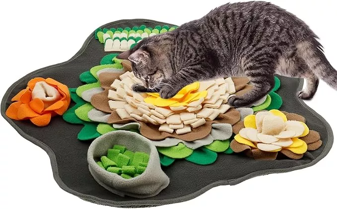 Plush Fabric Flower Shape Slow Eating Mat Bright Color Interactive Dog Snuffle Mat with Non-Slip Back for Smell Training for Small Dog Cat Rabbit(Grey,Small Dogs)
