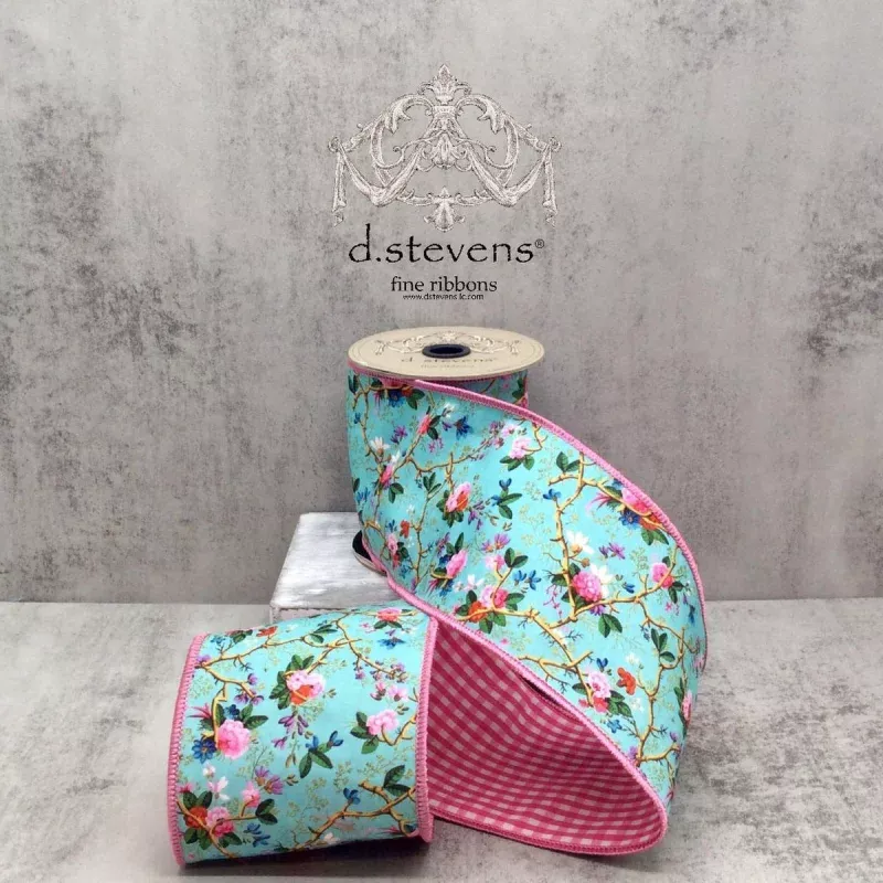 Poplin Mix Floral Branches, Light Blue Pink Lavender Ribbon