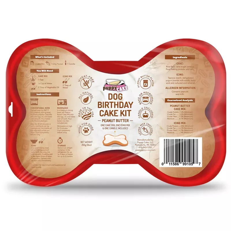 Puppy Cake Dog Birthday Cake Kit- Peanut Butter Cake Mix, Icing Mix, and One Candle
