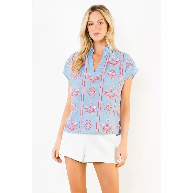 Ruby Flower Embroidered Textured Top